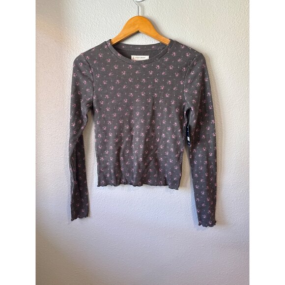 Lucky Brand Girl's Gray Floral Long Sleeve Ribbed Henley Top Size M Kids - Picture 5 of 7